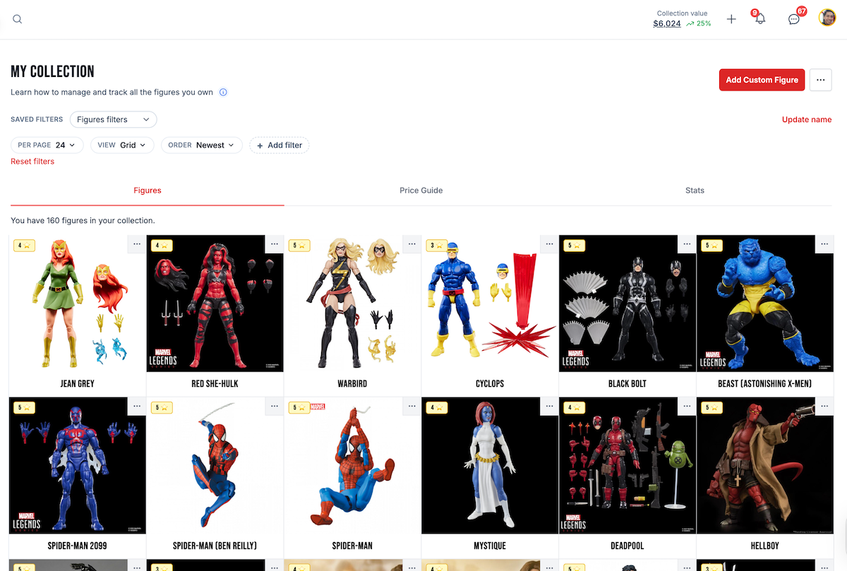 Legendsverse collection tracker — a user's Marvel Legends collection with 160 figures worth $8,024